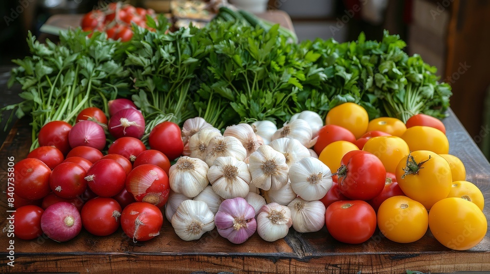 Fresh Tomatoes, Garlic, and Onions on a Wooden Table Fresh Tomatoes, Garlic, and Onions on a Wooden Table