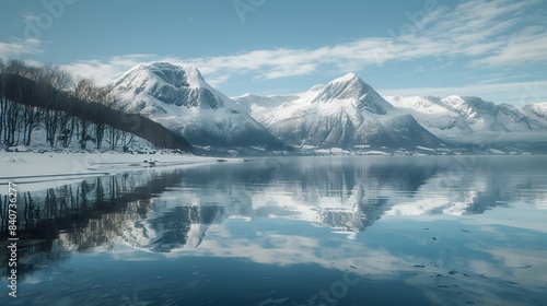 A clear, icy lake reflecting snow-covered mountains in Norway, 8k. © Creative_Hub
