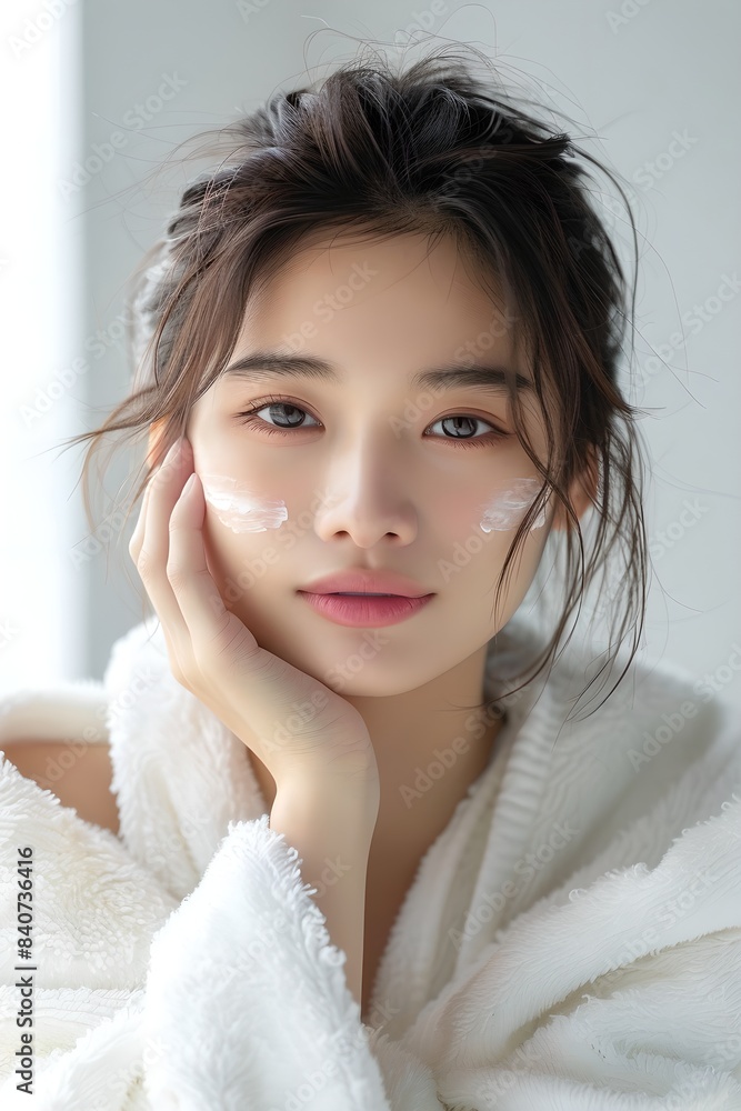 Close-up of beautiful young asian woman in robe with clean fresh skin at home. Cosmetology, beauty and cosmetic. Skin care concept. Model touching facial skin. Studio portrait, advertising Close-up of beautiful young asian woman in robe with clean fresh skin at home. Cosmetology, beauty and cosmetic. Skin care concept. Model touching facial skin. Studio portrait, advertising