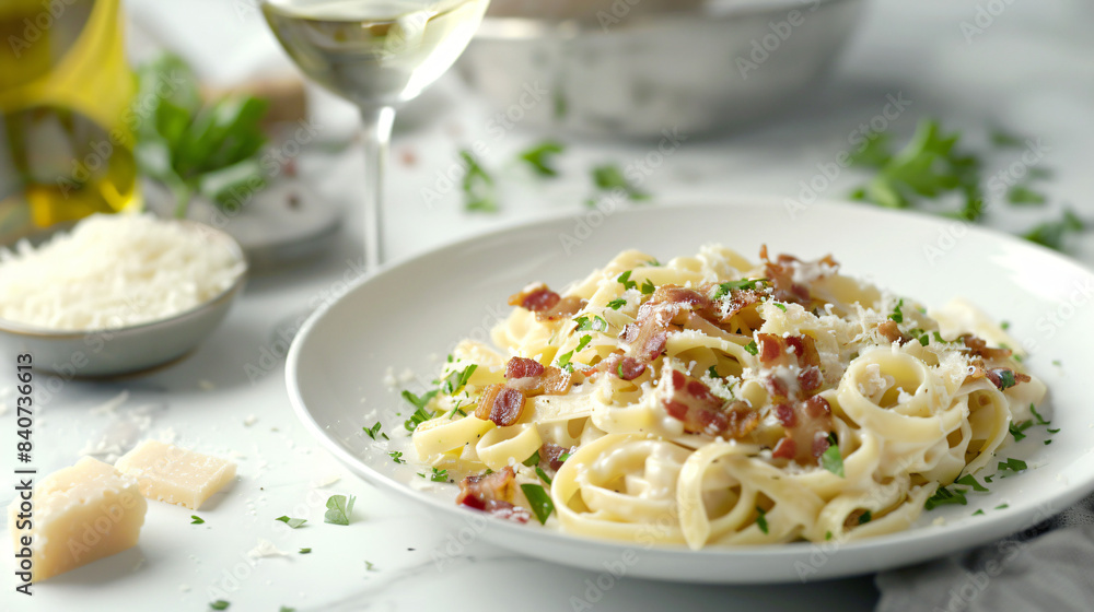 Delicious Pasta Carbonara with Bits of Bacon Topping Delicious Pasta Carbonara with Bits of Bacon Topping