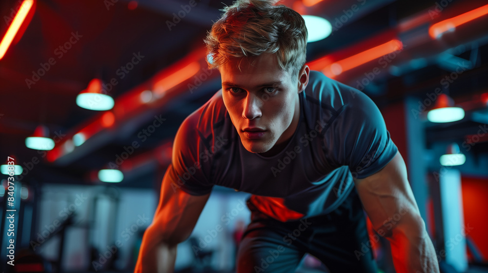 A bodybuilder works out on exercise equipment in a modern gym. Modern gym. Banner for the gym. Sports equipment A bodybuilder works out on exercise equipment in a modern gym. Modern gym. Banner for the gym. Sports equipment