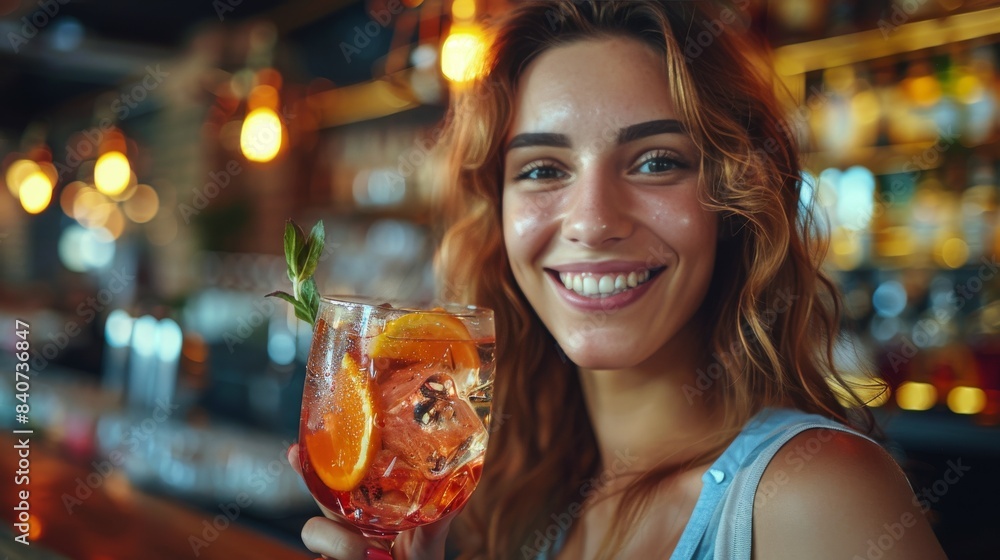 Happy Woman Enjoying a Refreshing Drink at a Bar Happy Woman Enjoying a Refreshing Drink at a Bar