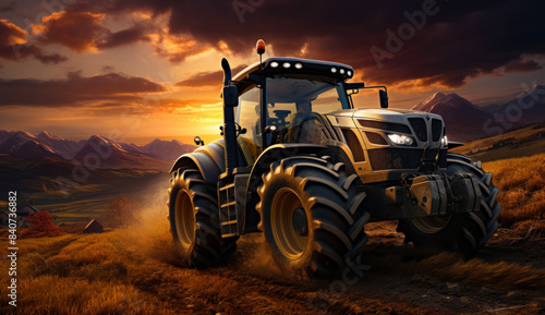 Tractor Driving Through Rural Landscape at Sunset. A powerful tractor drives along a dirt road, kicking up dust as it travels through a rural landscape with mountains in the background.