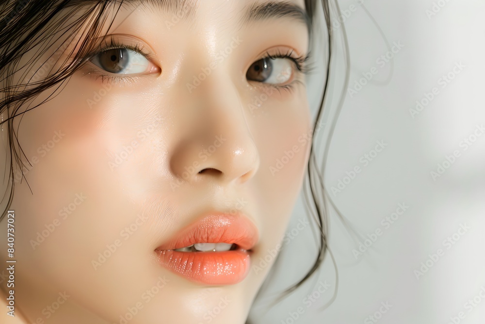 Close-up face of beautiful young Asian woman with clean fresh skin. Cosmetology, beauty and cosmetic. Skin care concept. Studio portrait for commercial advertising, poster Close-up face of beautiful young Asian woman with clean fresh skin. Cosmetology, beauty and cosmetic. Skin care concept. Studio portrait for commercial advertising, poster