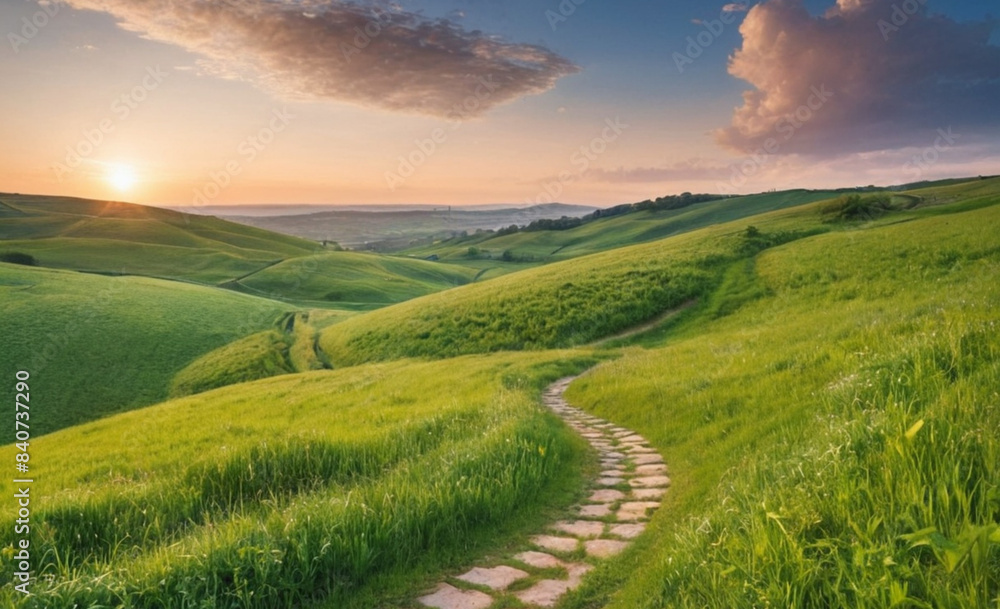 Fototapeta premium Picturesque Winding Path Through Green Grass Field in Hilly Area at Dawn Panoramic Spring-Summer Landscape