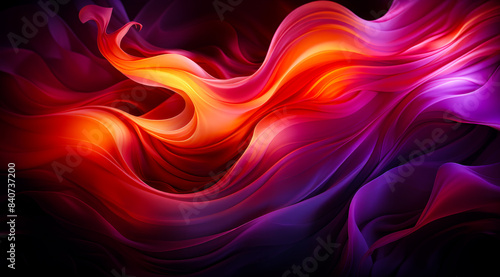 A close-up of a vibrant abstract image with purple and orange fabric flowing and swirling in a wave-like pattern against a black background.