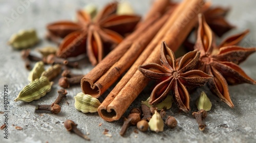 Close-up of Aromatic Spices: Cinnamon Sticks, Star Anise, and Cardamom. High-resolution image perfect for culinary, cooking. AI