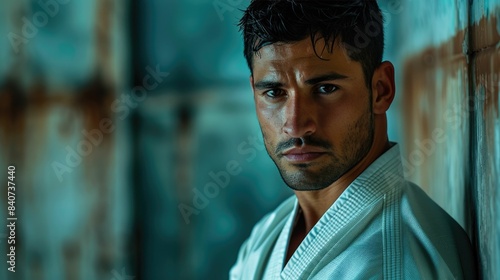 Intense portrait of a determined martial artist dojo, close-up, dramatic lighting, serious expression
