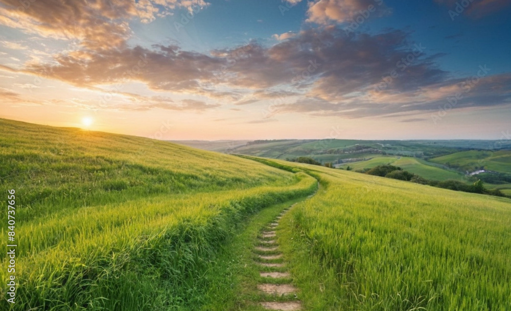 Obraz premium Picturesque Winding Path Through Green Grass Field in Hilly Area at Dawn Panoramic Spring-Summer Landscape