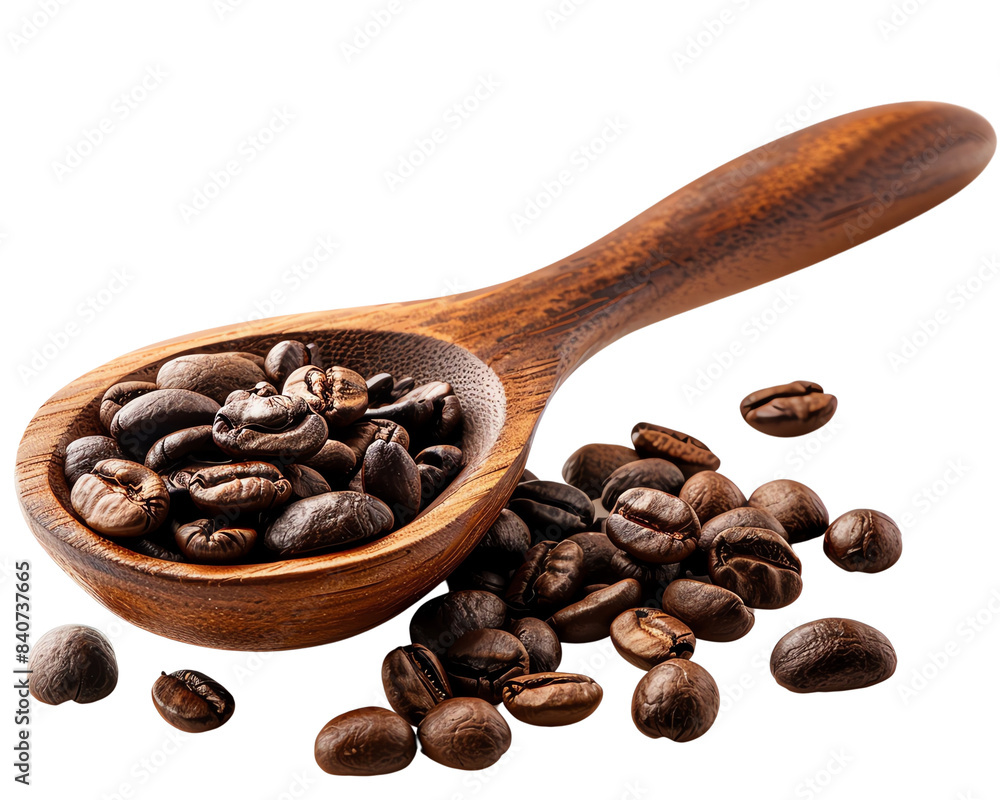 Obraz premium Wooden spoon filled with roasted coffee beans and scattered beans isolated on white background. Perfect for coffee-related projects.