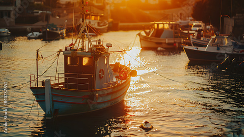 fishing boat in port at sunset photo