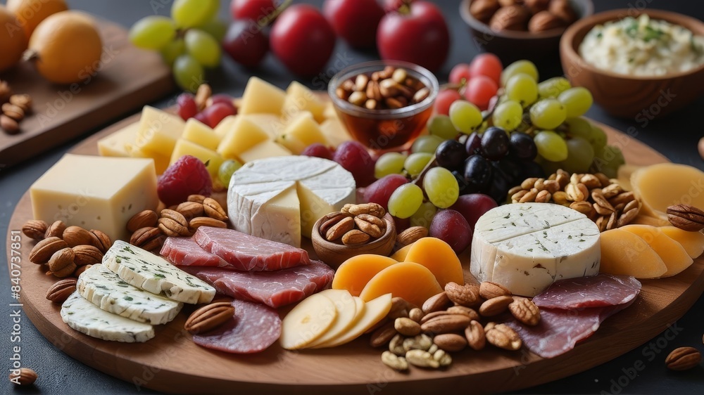 A close-up of a beautifully arranged charcuterie board with cheeses, meats, fruits, and nuts, shot with a macro lens for detailed presentation A close-up of a beautifully arranged charcuterie board with cheeses, meats, fruits, and nuts, shot with a macro lens for detailed presentation
