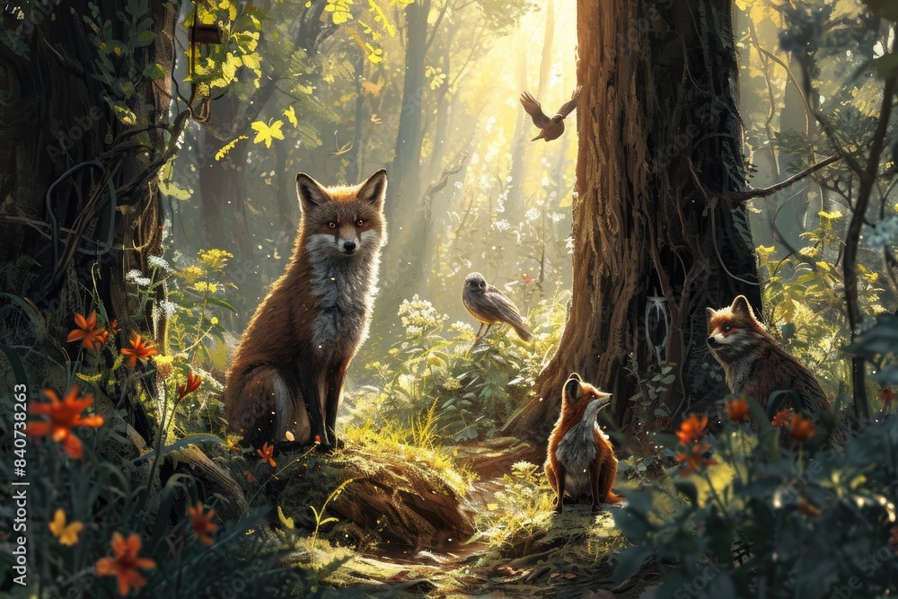 Naklejka premium Majestic deer in misty autumn forest, magical forest where animals speak and trees hold secrets