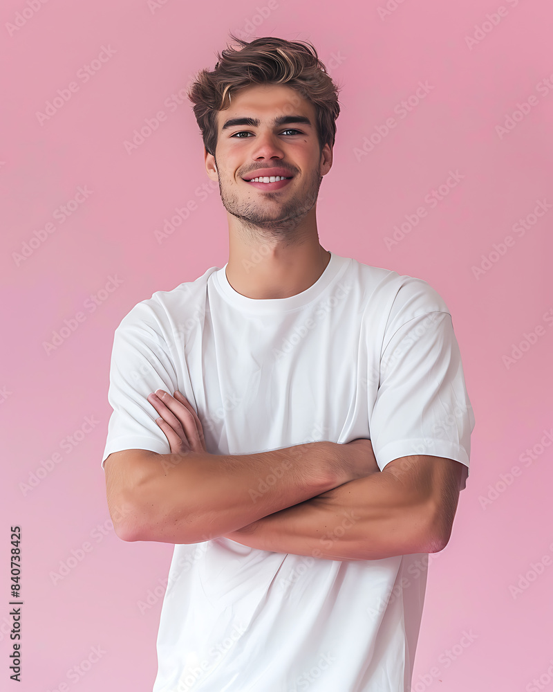 handsome boy in white T-shirt on pink background handsome boy in white T-shirt on pink background
