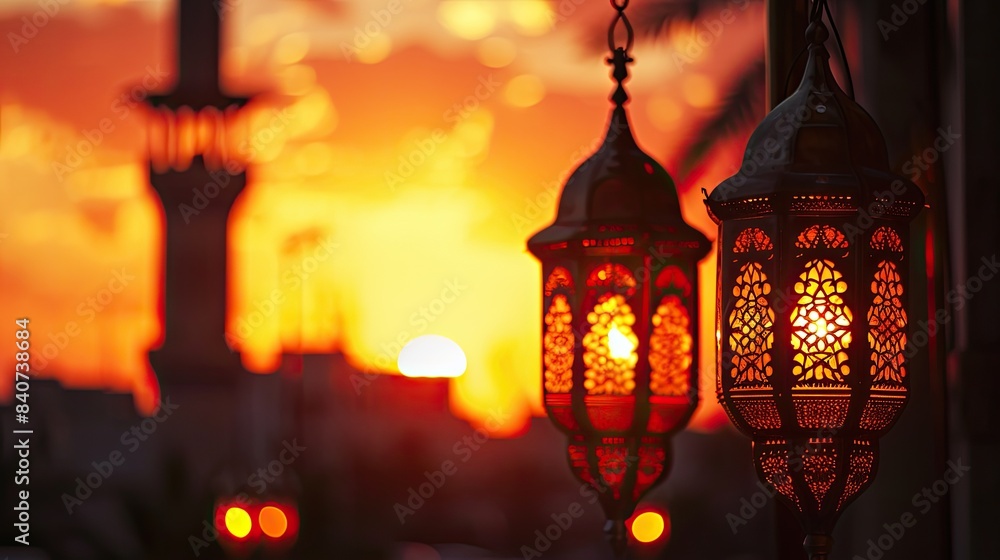 Ornate hanging lanterns; twilight glow, mosque at sunset with lanterns casting a warm glow for Ramadan festivities