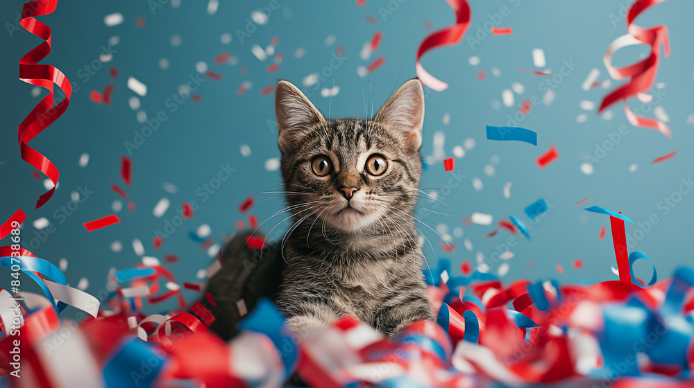 A cat playing with red, white, and blue streamers, minimalist background, empty space for text A cat playing with red, white, and blue streamers, minimalist background, empty space for text