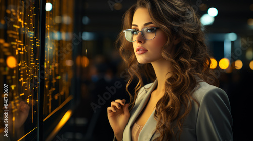 Woman In Glasses Looking At Digital Display. A young woman with long curly brown hair and glasses looks intently at a large digital display with glowing yellow lights.