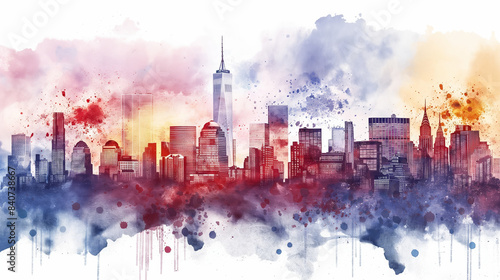 watercolor skyline of USA cityscape with Independence Day fireworks and patriotic colors 