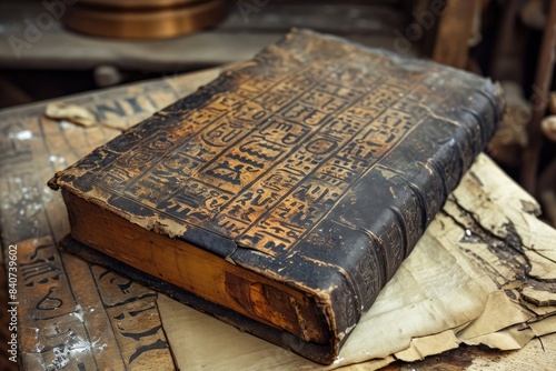 Ancient, inscribed, weathered book., An ancient book with a worn leather cover and cryptic symbols