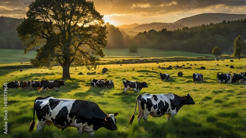 A perfectly integrated herd of cows, their black and white spots creating an enchanting maze in a vibrant green grass field under the glowing sun. photo