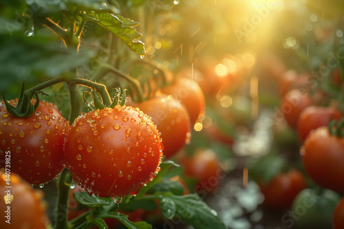 Ripe Tomatoes on the Vine in a Sunlit Garden. Close-up of ripe tomatoes on the vine with morning dew in a sunlit garden.