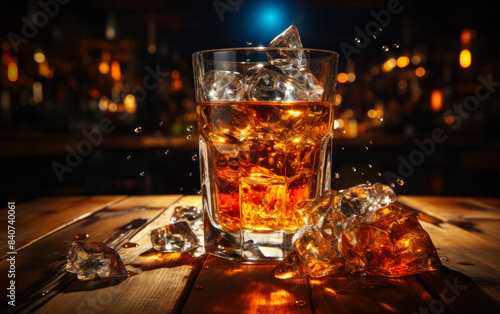 A glass of whiskey on the rocks sits on a wooden bar counter with ice cubes scattered around it. The background is blurred and shows a bar with warm lighting.