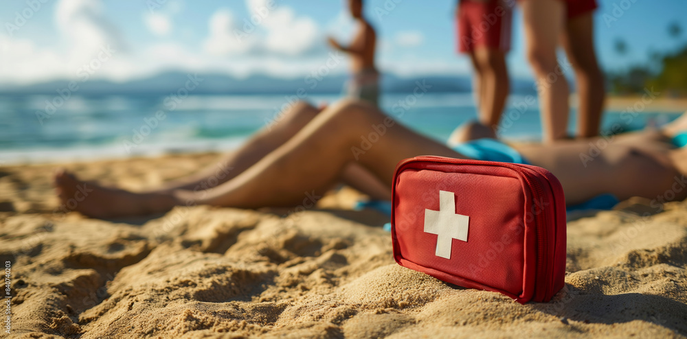 Naklejka premium Closeup of a first aid kit open on a sandy beach, with a lifeguard bandaging a person's foot in the background 