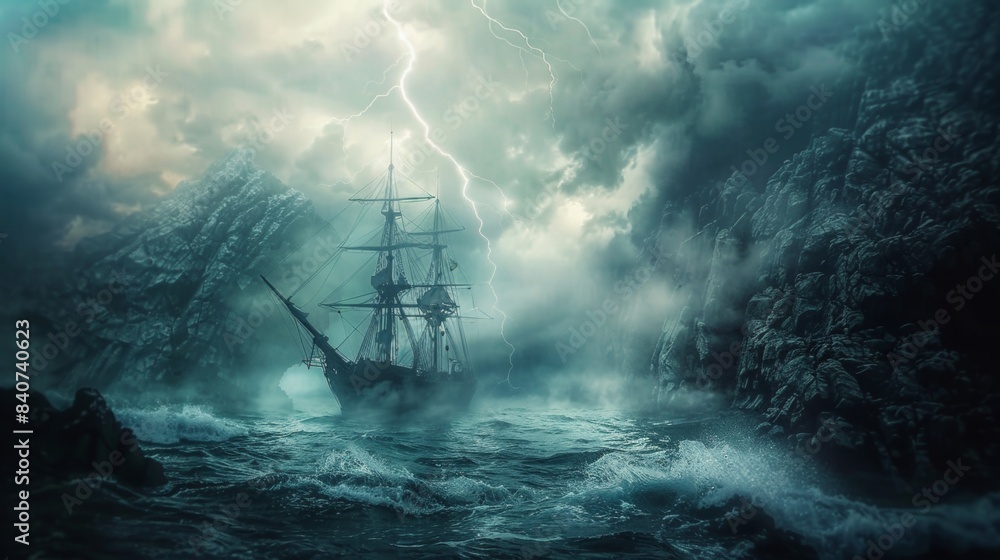 Sailing ship in sea water in rain thunderstorm. Sailing ship in sea water in rain thunderstorm.