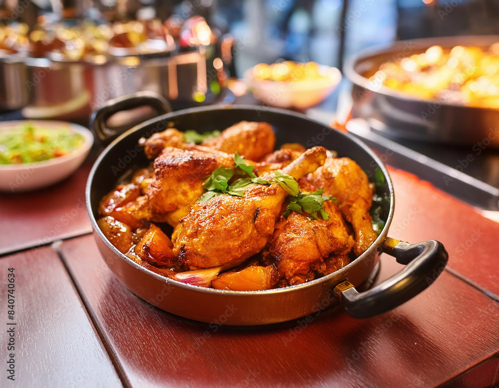 A roasting pan filled with roasted chicken pieces, potatoes, carrots, herbs and onions on restaurant counter A roasting pan filled with roasted chicken pieces, potatoes, carrots, herbs and onions on restaurant counter