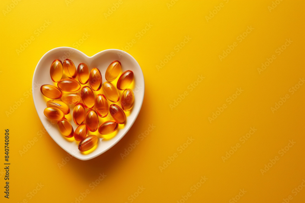 White heart-shaped bowl with light yellow capsules or pills of vitamins or omega 3 fish oil on empty yellow background with space for text or inscriptions, top view
White heart-shaped bowl with light yellow capsules or pills of vitamins or omega 3 fish oil on empty yellow background with space for text or inscriptions, top view
