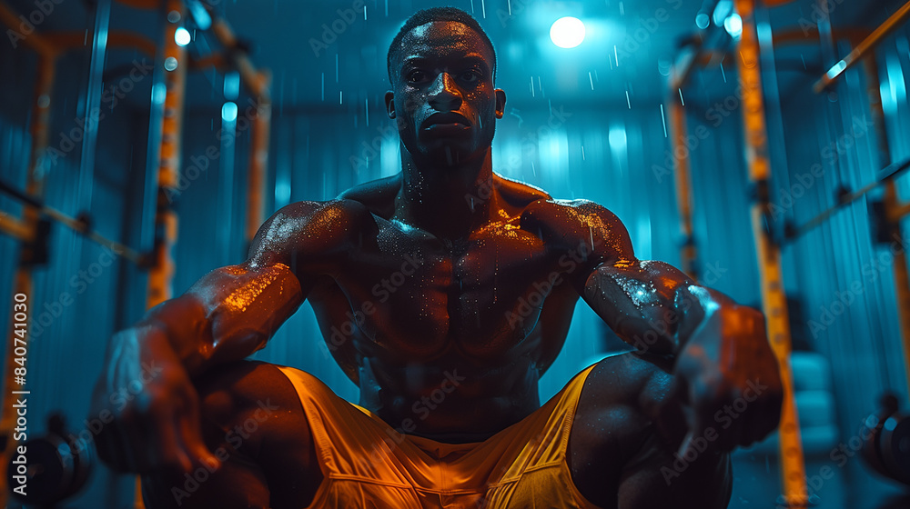 A bodybuilder works out on exercise equipment in a modern gym. Modern gym. Banner for the gym. Sports equipment A bodybuilder works out on exercise equipment in a modern gym. Modern gym. Banner for the gym. Sports equipment