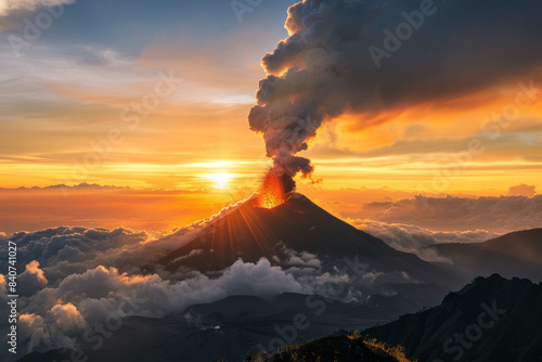 Volcanic eruption with ash being released into the atmosphere against the background of a beautiful sunset, view from a height 