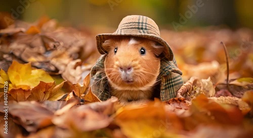An Adorable Guinea Pig Dressed in a Tiny Tweed Hat and Jacket Poses on a Forest Floor Covered with Autumn Leaves	
 photo