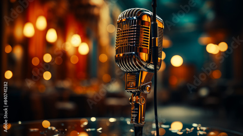 Vintage Microphone On Stage. A close-up of a vintage microphone on a stage, illuminated by warm, blurred lights.