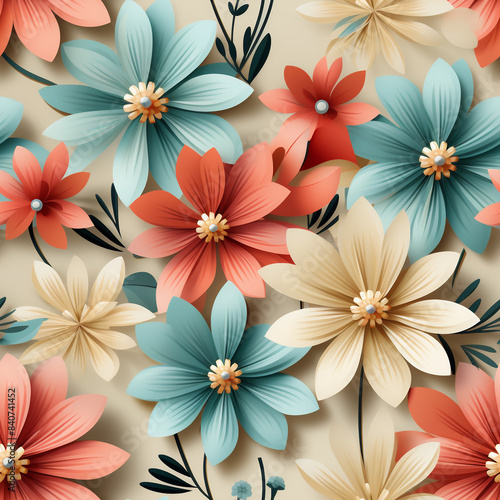 Seamless pattern tile background flowers and floral leaves plants