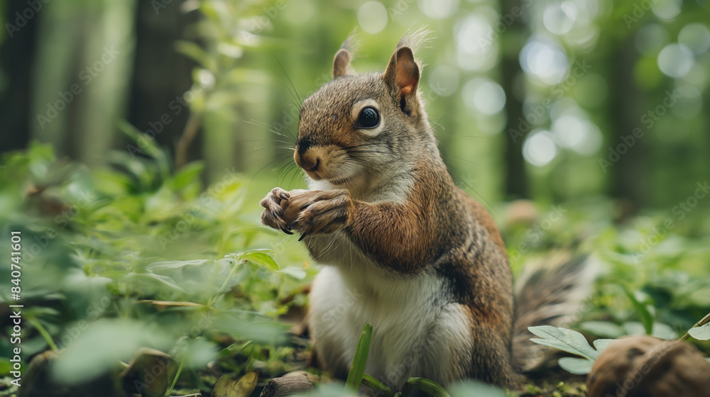 Joyful squirrel nibbling on a nut with a blurred forest background filled with lush summer foliage Joyful squirrel nibbling on a nut with a blurred forest background filled with lush summer foliage