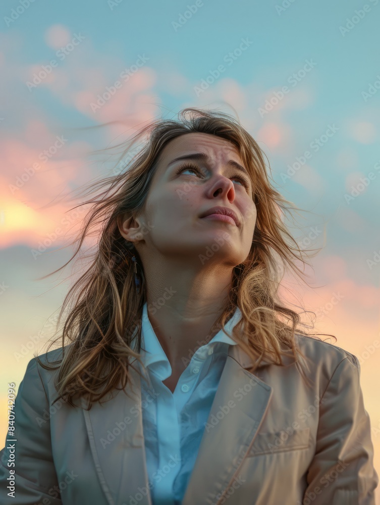 Proud and confident woman reflecting on a recent business achievement with satisfaction and gratitude, with her looking towards the sky in search of new ideas hyper realistic Proud and confident woman reflecting on a recent business achievement with satisfaction and gratitude, with her looking towards the sky in search of new ideas hyper realistic