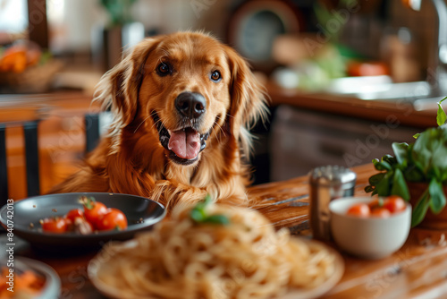 Dog eats delicious spaghetti in the kitchen.