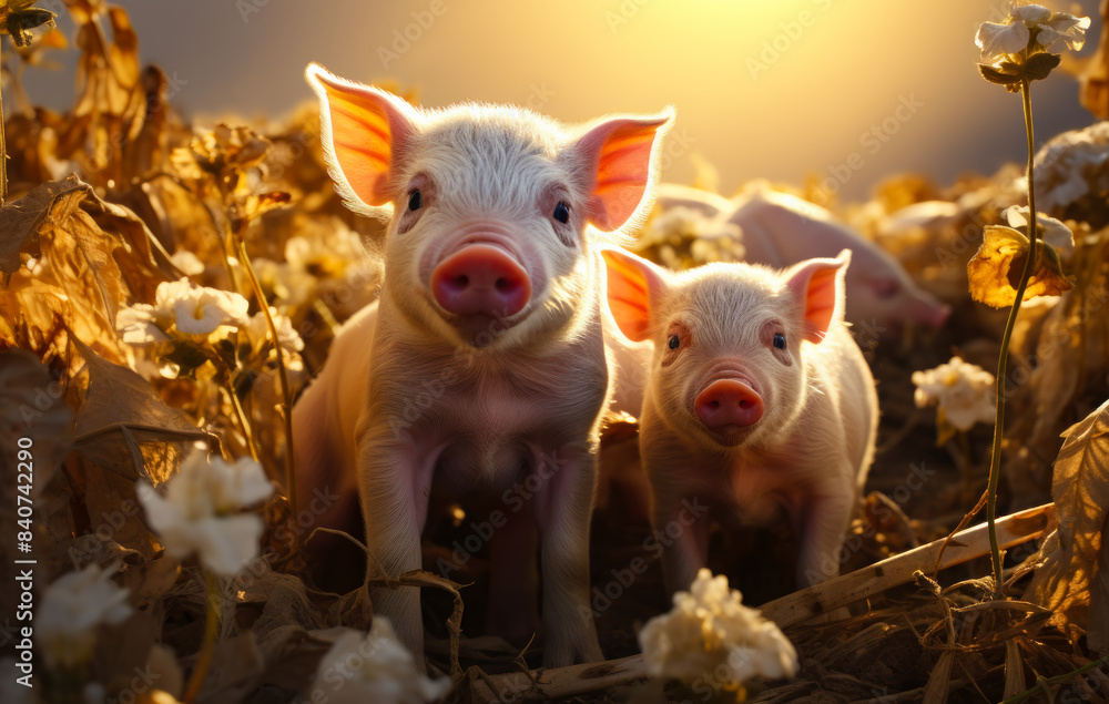 Piglets in a Field of Flowers at Sunset. Two pink piglets stand in a field of yellowed flowers, bathed in the golden light of the setting sun. The piglets have curious expressions on their faces. Piglets in a Field of Flowers at Sunset. Two pink piglets stand in a field of yellowed flowers, bathed in the golden light of the setting sun. The piglets have curious expressions on their faces.