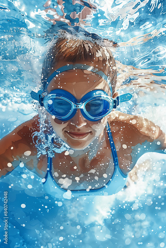 Watercolor painting of Caucasian woman swimming in the pool.