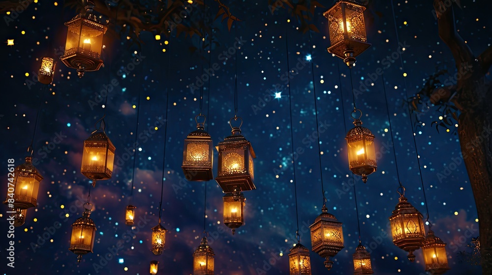 Glowing lanterns under a starry night sky., starry night sky with lanterns suspended, evoking a serene Ramadan atmosphere Glowing lanterns under a starry night sky., starry night sky with lanterns suspended, evoking a serene Ramadan atmosphere