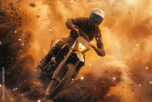 A man riding his dirt bike fast in the mud. An action shot, with dust and particles flying around him