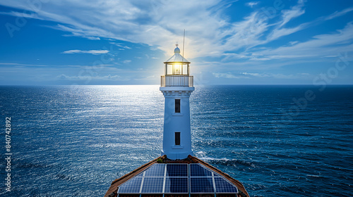 Solar panel attached to the roof of a historic lighthouse by the ocean 