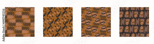 Tribal ethnic camouflage abstract pattern set design in fall color trend. Seamless rustic surface texture with neutral tone handwork mark making shapes.