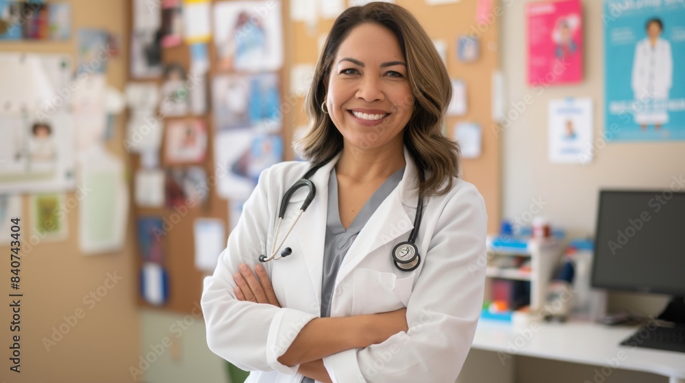 Hispanic Female Doctor in Medical Office, Professional Portrait, Healthcare Setting, Diversity in Medicine, Confident Healthcare Professional Hispanic Female Doctor in Medical Office, Professional Portrait, Healthcare Setting, Diversity in Medicine, Confident Healthcare Professional