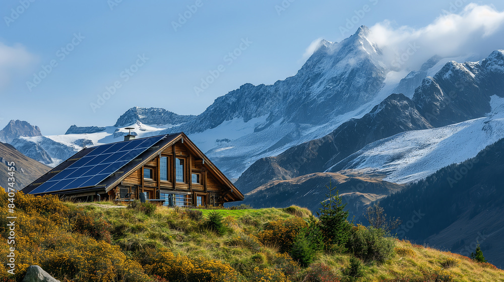 Solar panel placed on top of a mountain cabin with snowy peaks in the background Solar panel placed on top of a mountain cabin with snowy peaks in the background