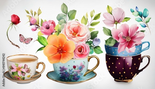 Beautiful Watercolor Floral Tea Cup Clipart - Printable