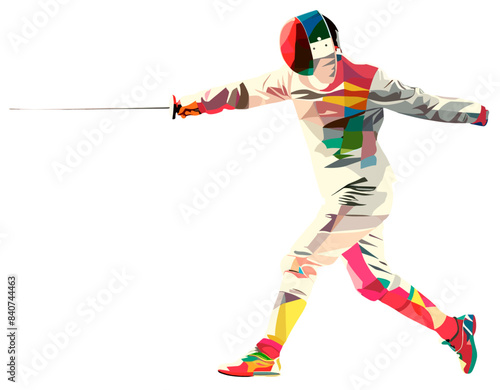 Male athlete performing fencing, minimalist illustration over isolated transparent background