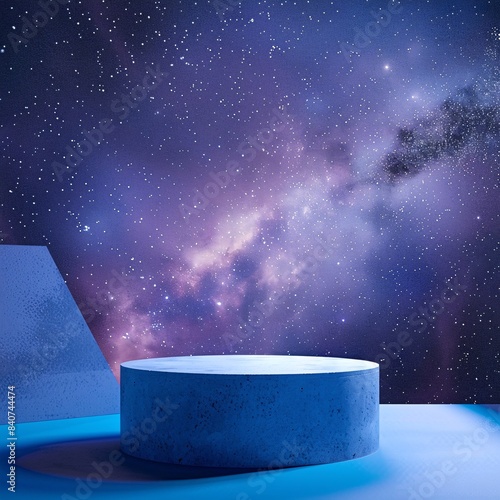 A minimalist product shot featuring a podium at the center of the image, set against a galaxy background for a cosmic and futuristic look.