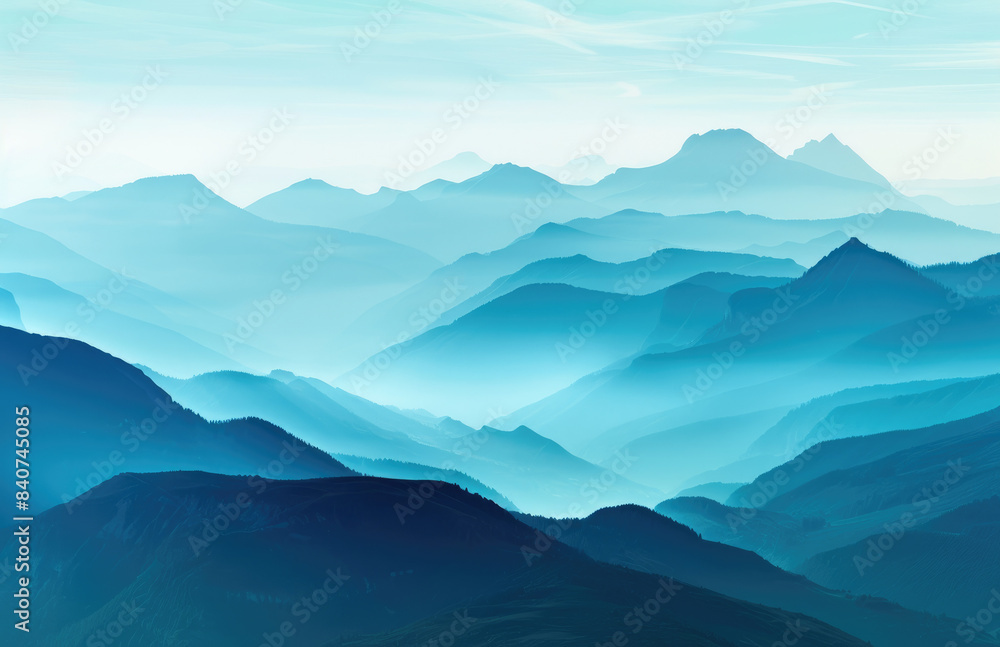 A serene mountain range shrouded in mist, with layers of blue and green hues blending seamlessly across the landscape. 